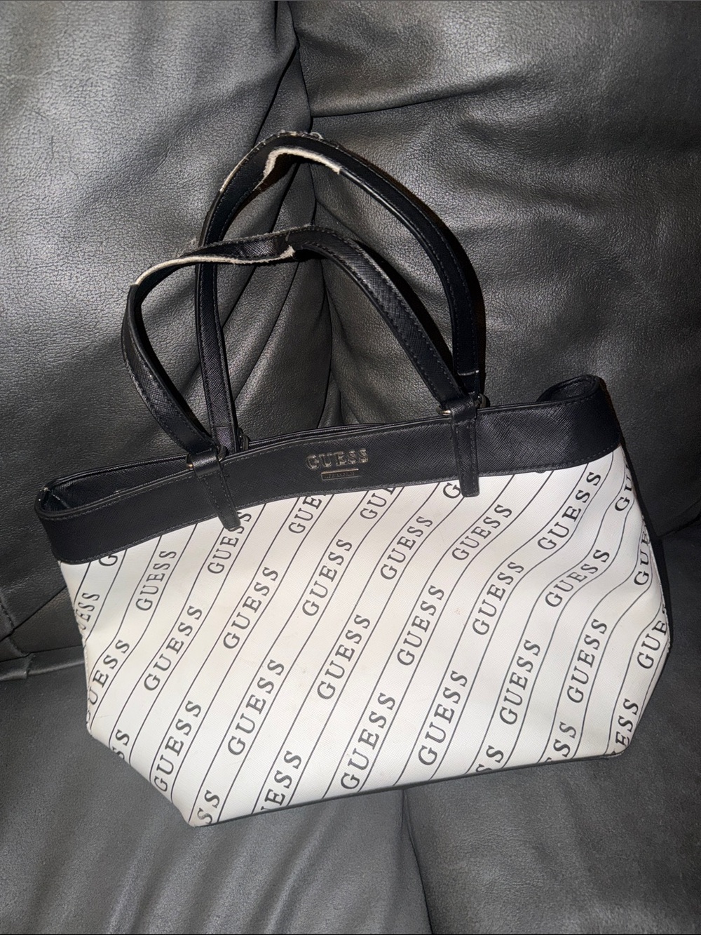 GUESS Black & White Logo Diagonal Stripe Tote